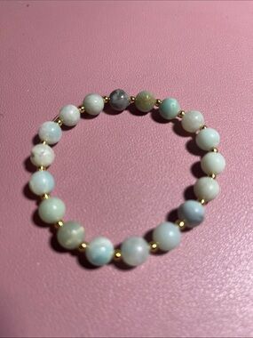 Amazonite Beaded Stretch Bracelet with Gold Accent Beads - Light Aqua